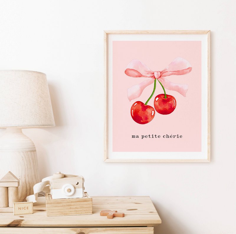 Ma petite cherie print, ma cherie poster, cherry poster, bow poster, Coquette print, pink girls room poster, girls nursery poster 