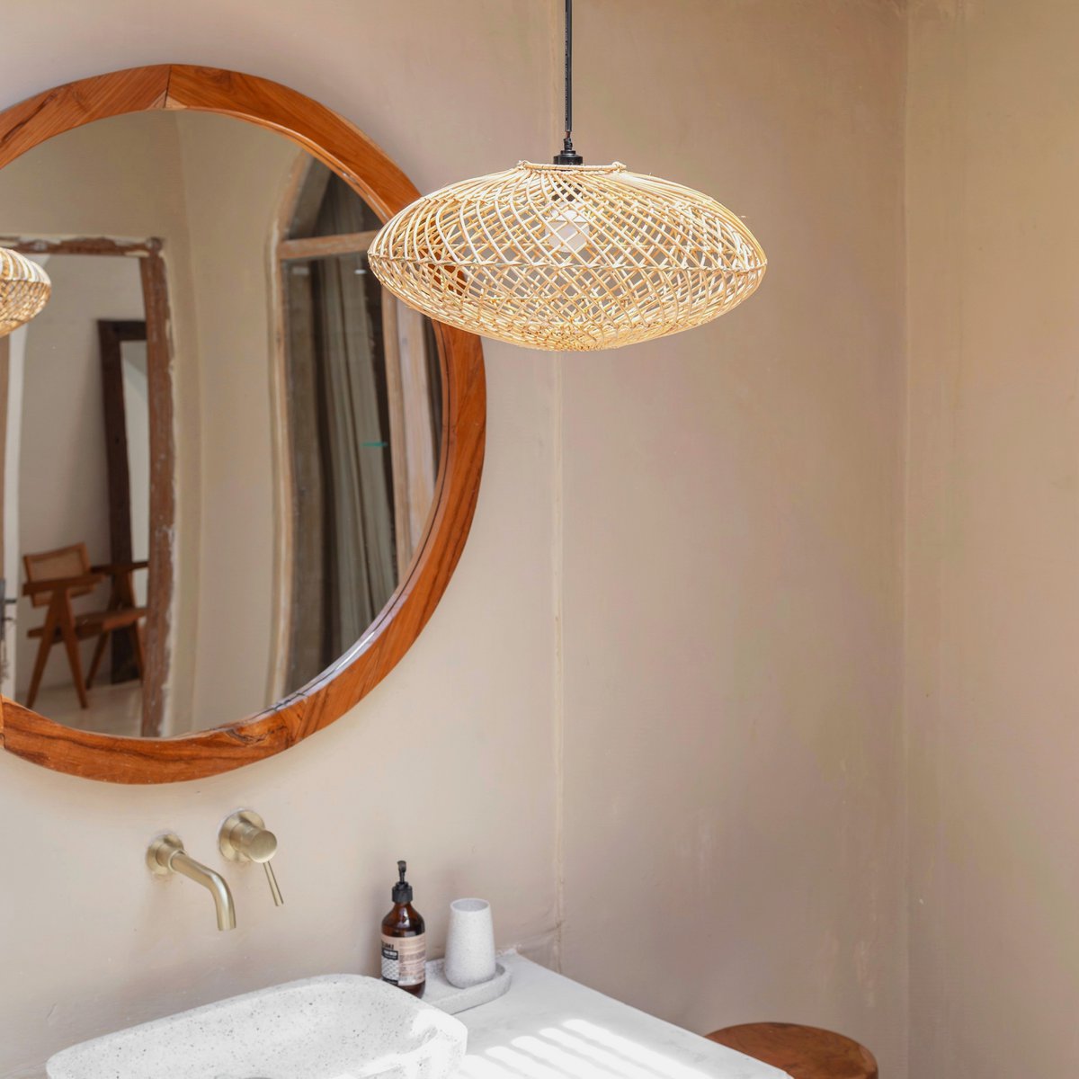 Rattan Abszade-BOHO Wiselant Light-Natural Suiling Lampa-Lampa w kształcie dysku-płaskie ręcznie tkane światło sufitowe (Ø 40 cm) Arana