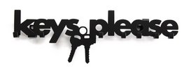  Black metal key hanger with the text "Keys please" and several keys attached.