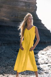 SUNSET — Vestido midi de lino sin mangas con cuello en V