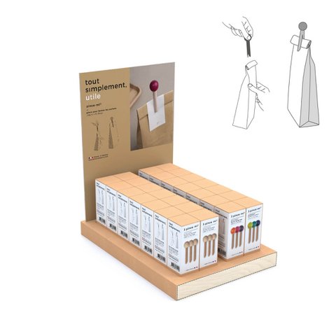 Display voller 56 Schachteln mit 3 Taschenclips aus Holz – natur und farbig + kostenloses Display