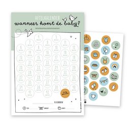 A green pregnancy countdown calendar with decals featuring various icons and symbols.