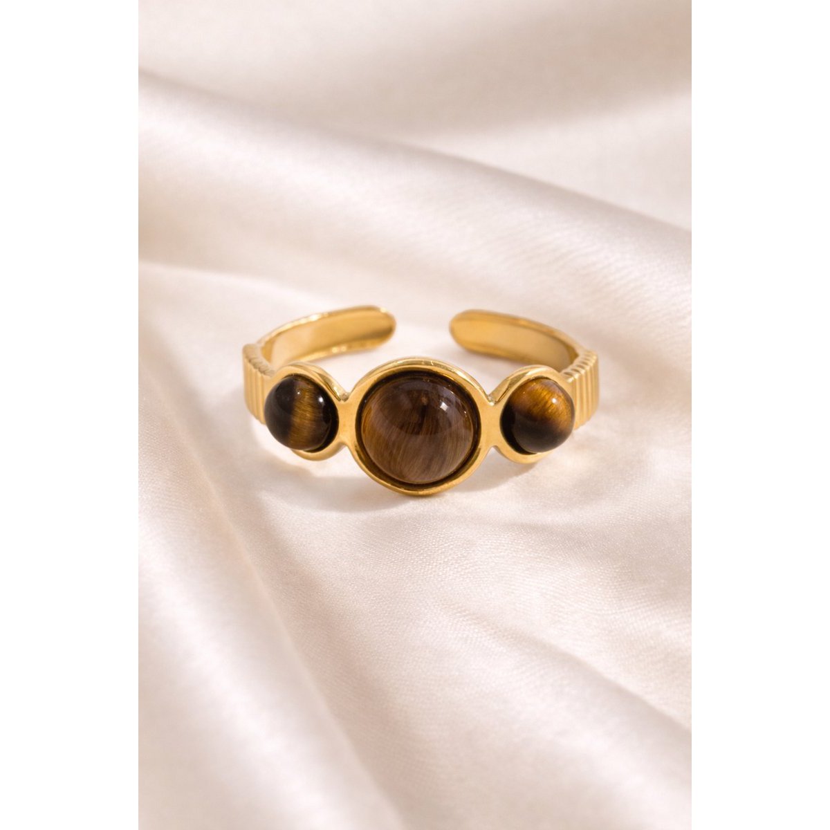 Orion – Verstelbare Statement Ring met Tijgeroog – Goudkleurig