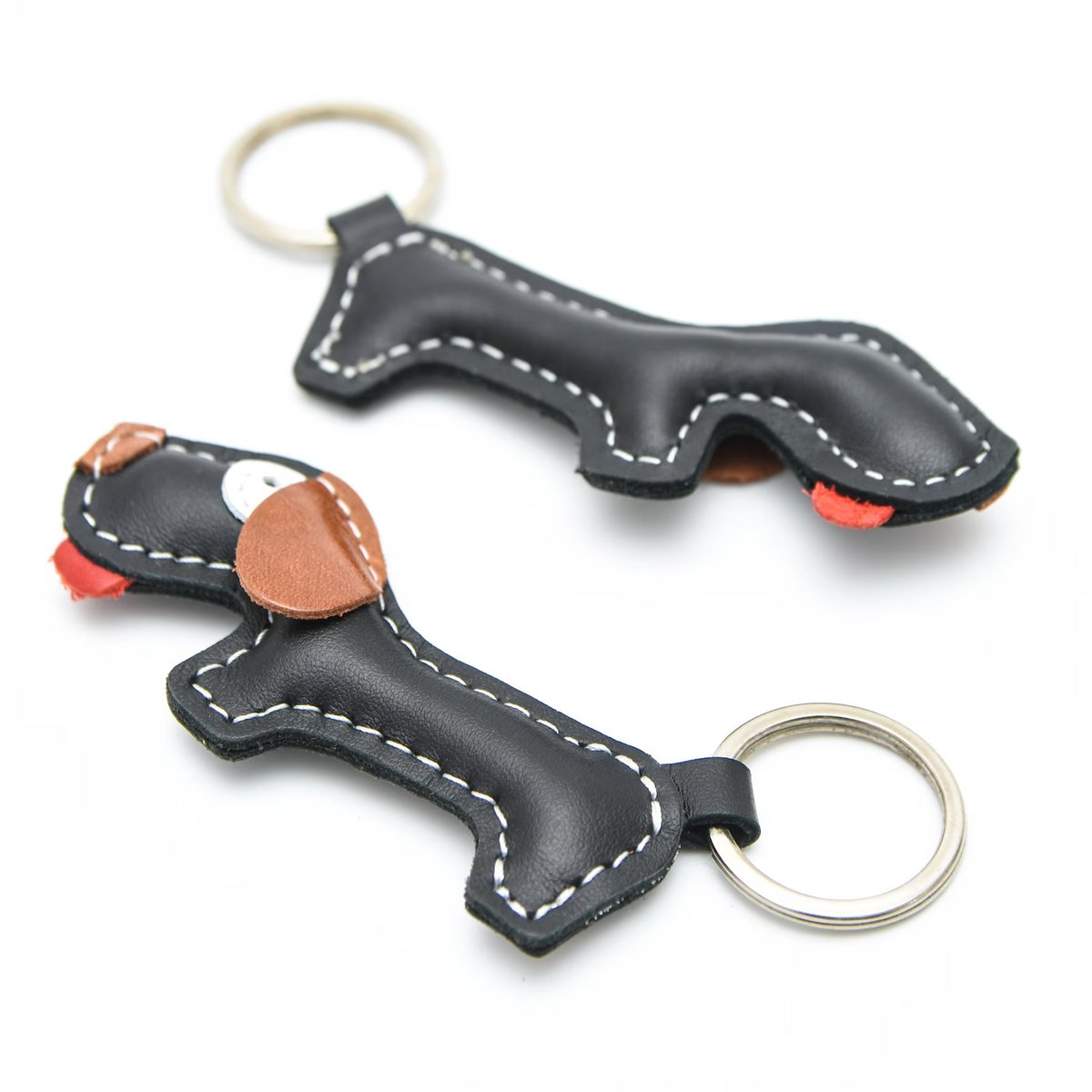 Zwarte teckel hond handgemaakte lederen sleutelhanger