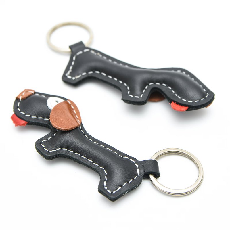 Zwarte teckel hond handgemaakte lederen sleutelhanger