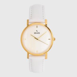 Gold-toned watch with a 32mm white dial and a white leather strap.