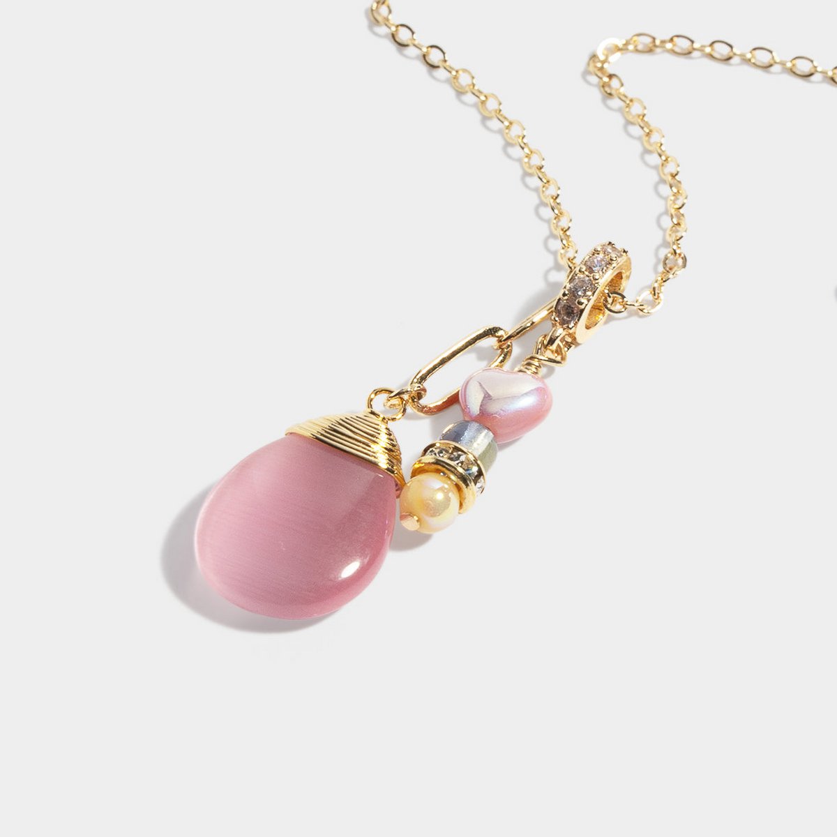 Pink gemstone pendant necklace with dainty chain gold plated