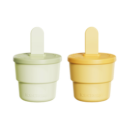  Two colorful ice cream pots for kids, one in green and one in yellow. The pots have a round shape and a handle on the top for easy carrying.
