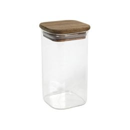 A clear glass storage jar with a wooden lid, measuring 6.2 x 6.2 x 11 cm. The jar is suitable for storing various items in the kitchen or around the home.