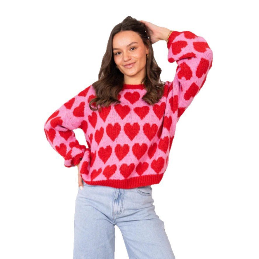 Pull court tricoté en jacquard de couleur contrastée pour la Saint-Valentin