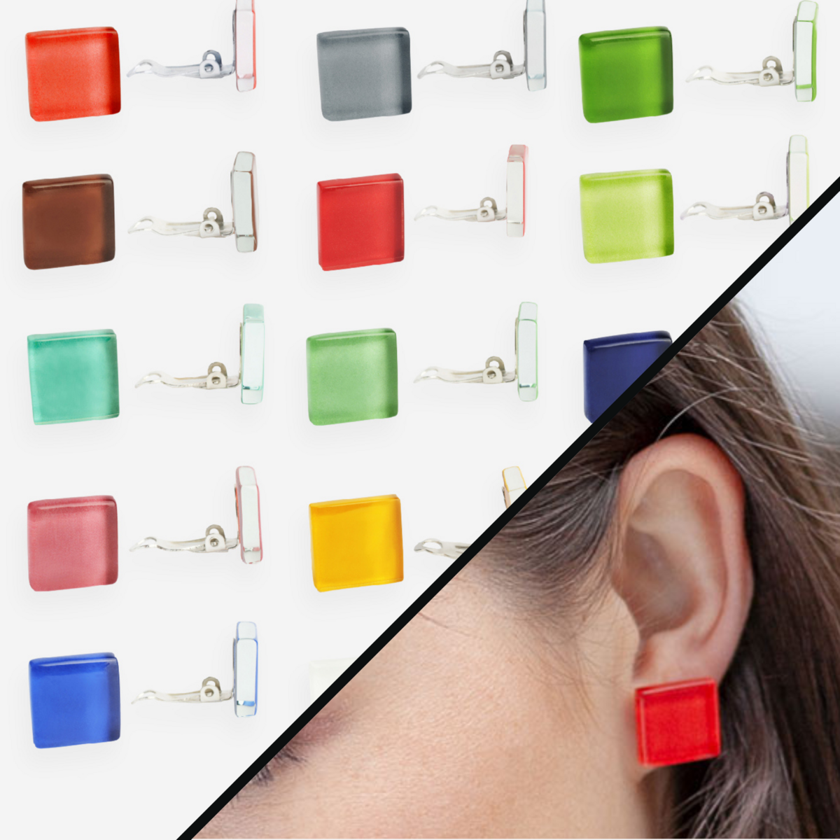 Square ear clips made of glass in many colors • 15mm • Upcycling / hypoallergenic