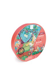 Colorful 3D puzzle featuring a princess character in a whimsical forest setting with animals and flowers. Puzzle pieces are shaped like various objects and characters.