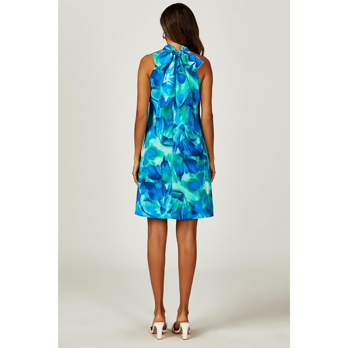 Abstract Floral Stampa Halter Neck Tie Back Mini abito in blu
