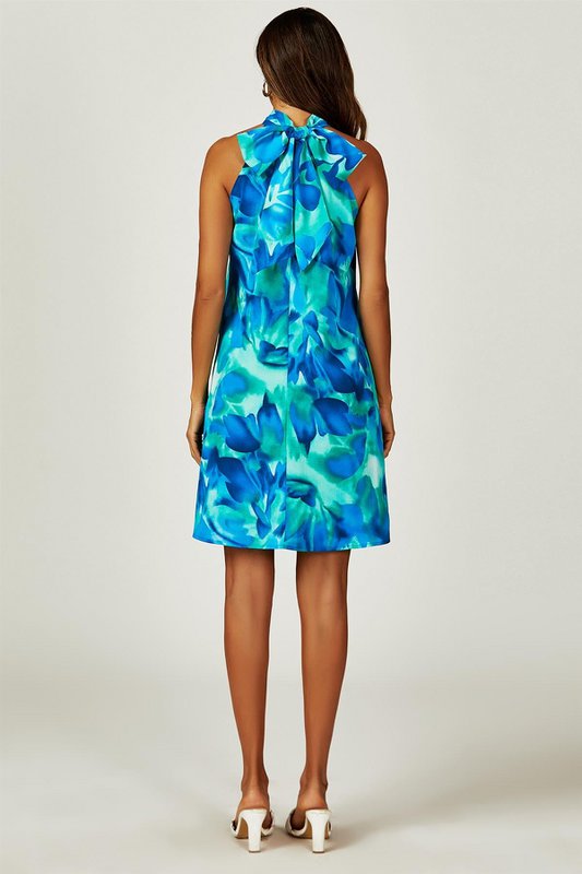 Abstrakt blomsterprint halter hals slips tilbage mini kjole i blå