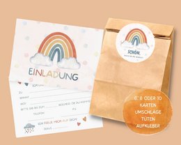 Regenbooguitnodigingskaarten en gunstzakjes voor het verjaardagsfeestje van regenboogkinderen
