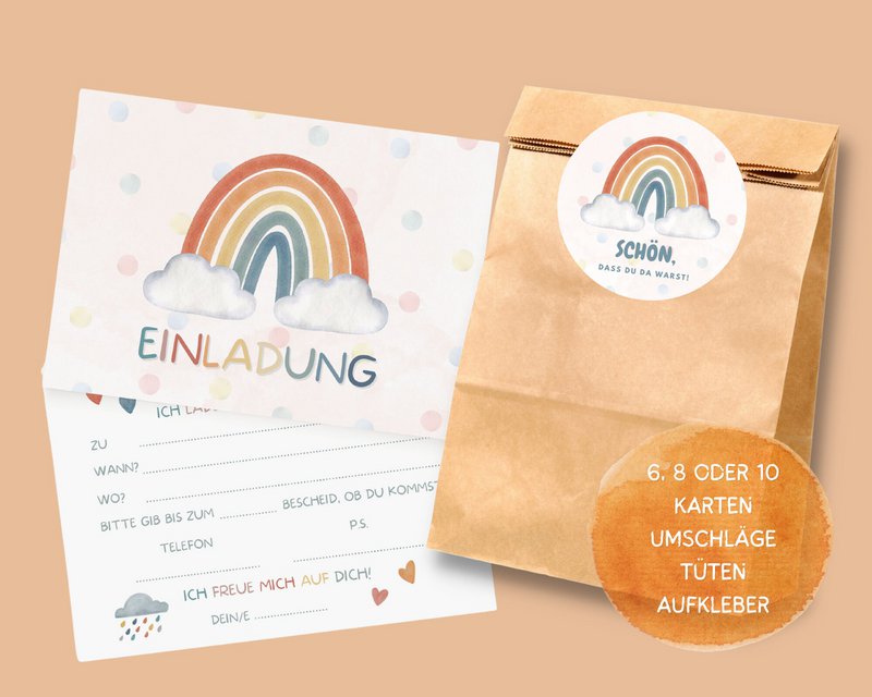 Rainbow invitationskort og yndlingsposer sæt til regnbuebørns fødselsdagsfest