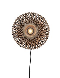 Circular wall lamp made of bamboo with a natural and black finish, diameter 30cm, height 8cm.
