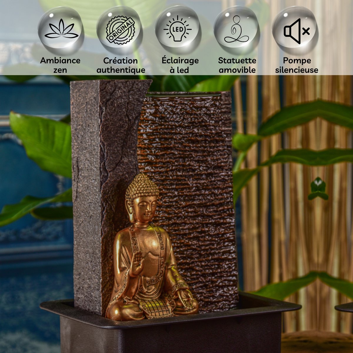 Zimmerbrunnen – Jati – abnehmbare Buddha-Statue – weißes LED-Licht – Zen und entspannende Atmosphäre – einfach zu bedienen