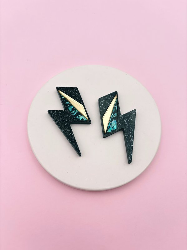 Boucles d'Oreilles Puces Maxi Eclairs Turquoise + Or
