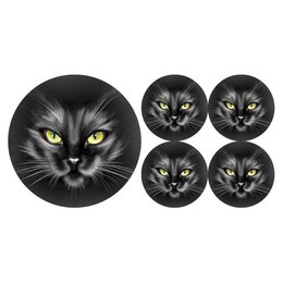A set of black felt coasters featuring the close-up image of a black cat with piercing green eyes. The coasters are round in shape and provide a stylish and practical way to protect surfaces from drink stains.
