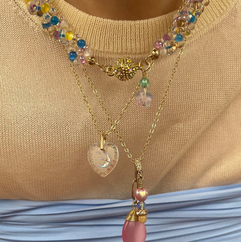 Collier pendentif coeur vintage chaîne plaquée or, cristal pendentif détail lune