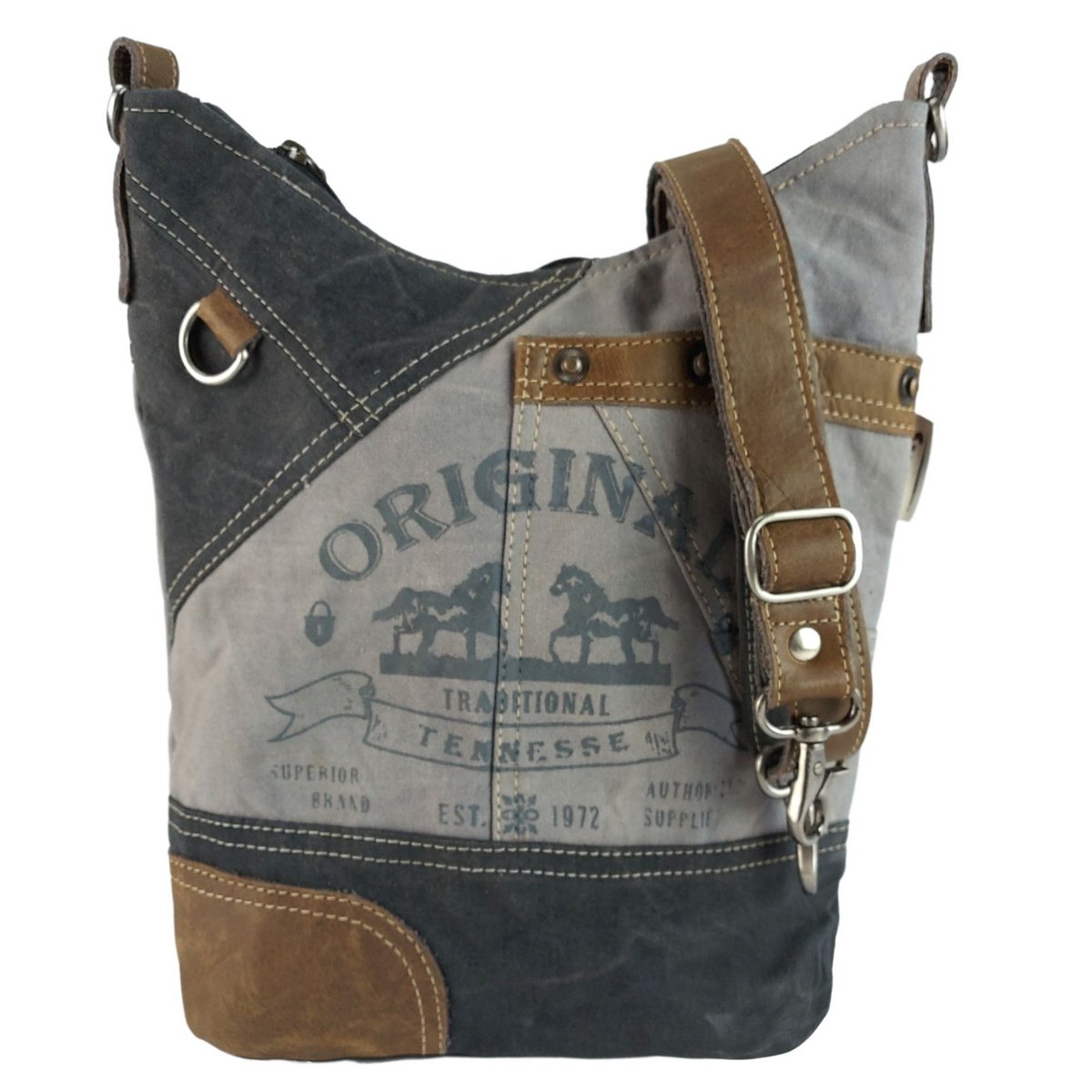 Sunsa dames schoudertas. Handtas gemaakt van canvas (canvas) & leer. Schoudertas in vintage stijl. Grote crossbody tas voor dames met paardenmotief grijs zwart