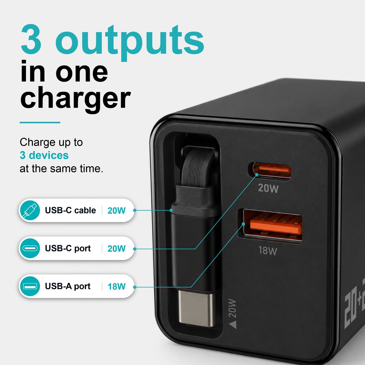 Cargador GaN de 40W con cable USB-C retráctil – NOVOTECK C-025