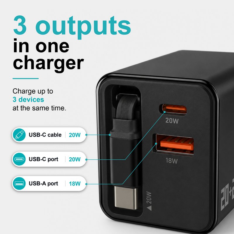 Cargador GaN de 40W con cable USB-C retráctil – NOVOTECK C-025