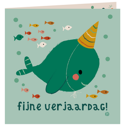 Folded birthday card with a green narwhal wearing a party hat, surrounded by colorful fish. The text on the card says "Fijne verjaardag!" which means "Happy birthday!" in Dutch.