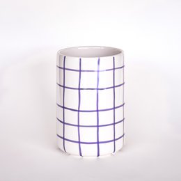 Palazzo purple grid pattern cylindrical vase, white ceramic with purple geometric lines, modern minimalist design.