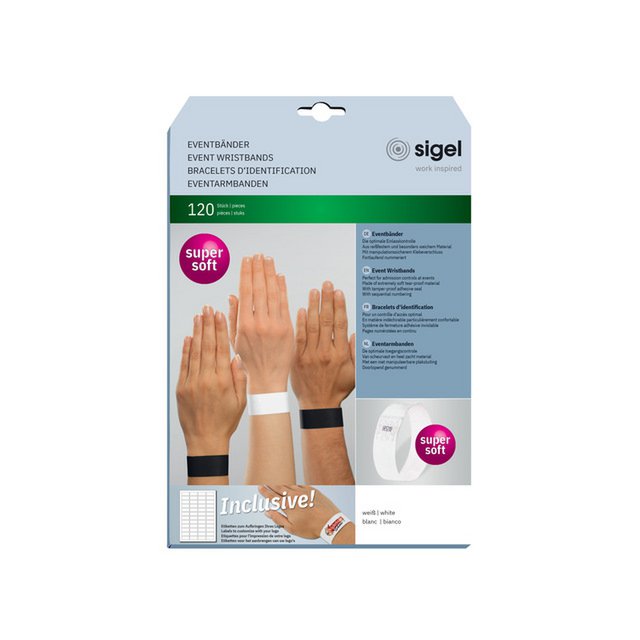 Braccialetti per eventi Sigel super soft 255x25mm bianco 120 pz. incl. etichette