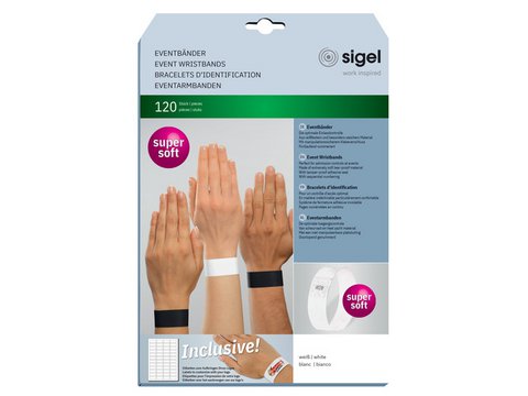 Event wristbands Sigel super soft 255x25mm white 120 pcs. incl. labels