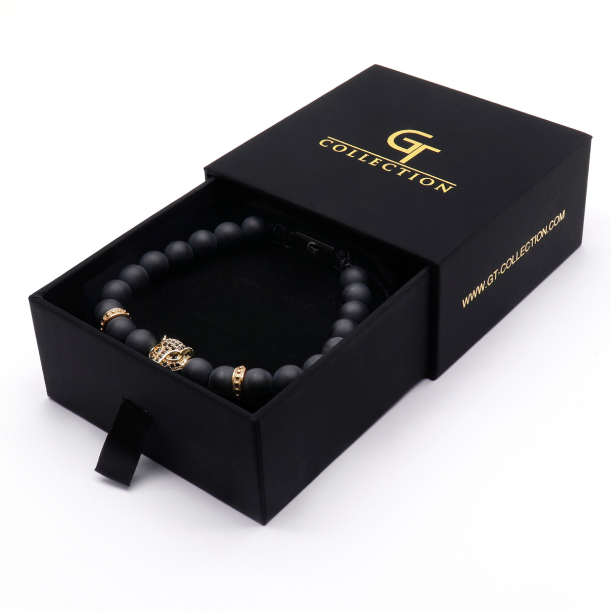Bracciale Da Uomo IN ONICE NERO Con Testa DI LEOPARDO Dorata