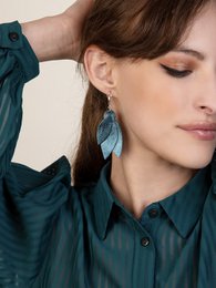  Petrol blue drop earrings with a leaf-like design, featuring a layered leather construction in a dark teal color.