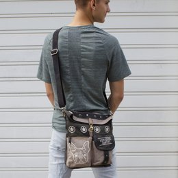 Sunsa women's shoulder bag. Handbag made of canvas and leather. Vintage style shoulder bag. Large crossbody bag for women with dog print grey/black