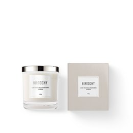 Jasmine scented candle in a white glass container with a silver lid. The candle is presented in a simple, minimalist style packaging.