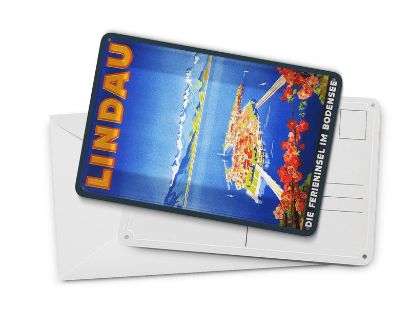 Cartolina da viaggio in metallo 10x14 cm Lindau, l'isola delle vacanze sul Lago di Costanza, targa decorativa