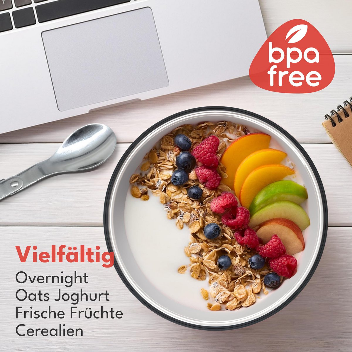 Taza de cereales para llevar de por vida con cuchara - pared interior aislante de acero inoxidable y 650 ml I taza de yogur para llevar taza de cereales taza de cereales para llevar taza para gachas yogur yogur niños y adultos en movimiento