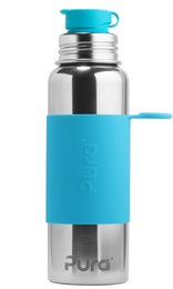 Stainless steel sports bottle with 850 ml capacity and aqua blue silicone sleeve. Suitable for yoga and other activities.