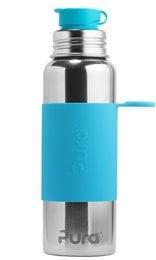 Stainless steel sports bottle with 850 ml capacity and aqua blue silicone sleeve. Suitable for yoga and other activities.
