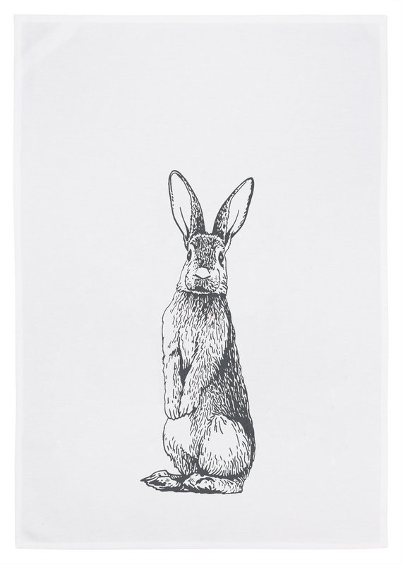 Tea towel white, rabbit standing in gray