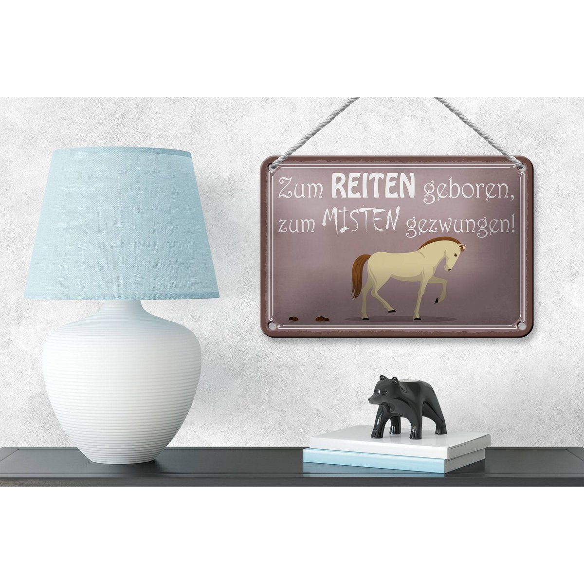 Cartel de chapa que dice 18x12cm nacido para montar a caballo decoración