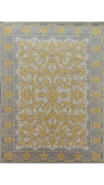 Large dark blue area rug with intricate floral and geometric patterns, suitable for living rooms or bedrooms.