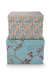 Set of 2 square gift boxes with a floral pattern in blue and khaki colors. The boxes have a decorative design with a contrasting teal blue base.