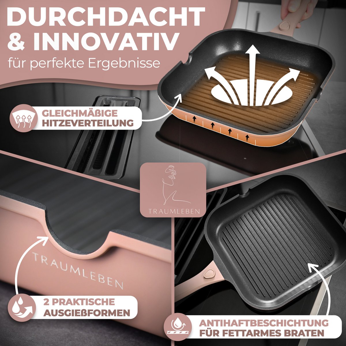 Grill Pan 28 cm, rivestimento non -stick, maniglie rimovibili, induzione, festival del forno (rosa)