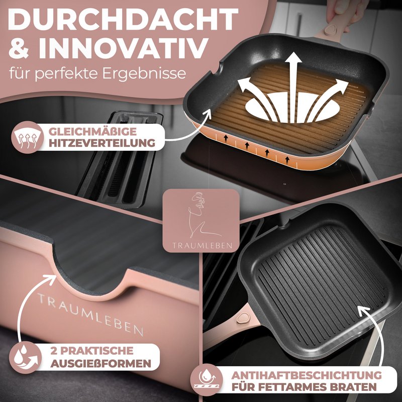 Grill Pan 28 cm, ikke -stick coating, aftagelige håndtag, induktion, ovnfestival (lyserød)