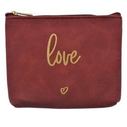 A red synthetic toiletry bag measuring 13x1x10 cm, featuring the word "love" in gold text and a small heart symbol.