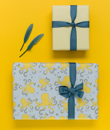 Carta di avvolgimento azzurra e gialla con polpi, carta avvolgente per bambini con motivo a polpo per il compleanno dei bambini, per regali per la nascita o il battesimo -