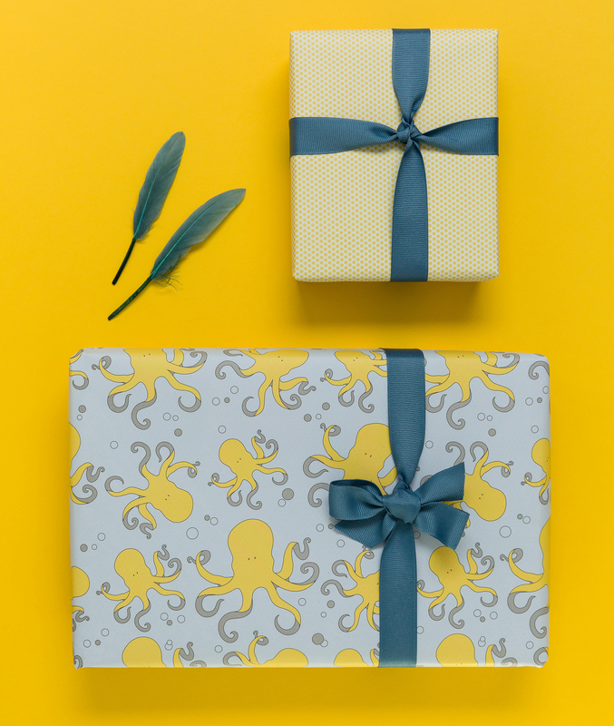 Carta di avvolgimento azzurra e gialla con polpi, carta avvolgente per bambini con motivo a polpo per il compleanno dei bambini, per regali per la nascita o il battesimo -