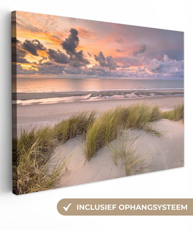 Lærredsmaleri - vægdekoration - solnedgang - klit - strand - planter - hav